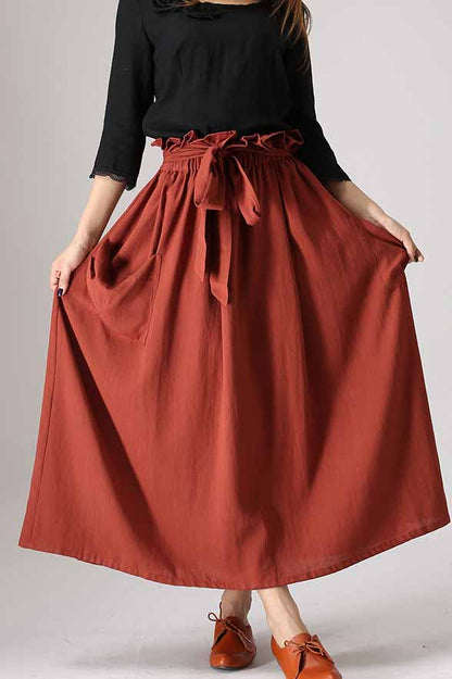 Rust red long swing skirt with elastic wasit and ruff detail 0848#