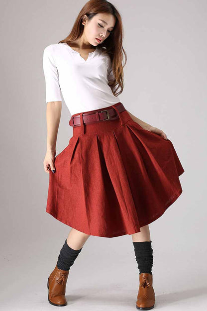 Red Linen Cotton Pleated Skirt with Irregular Hem and Pockets | Xiaolizi 0852