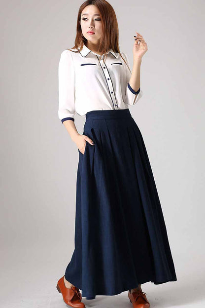 Classic A-Line Navy Linen Skirt – High Waist Maxi Silhouette – 855