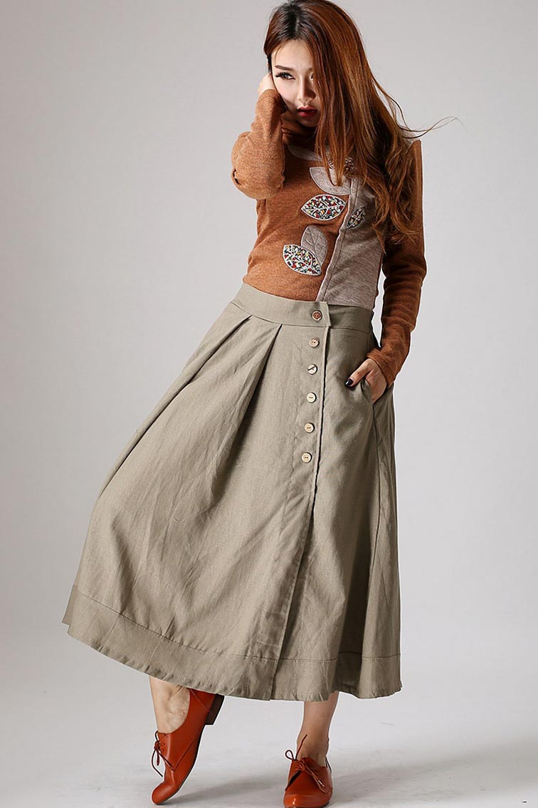 Khaki skirt woman Maxi linen skirt with button detail front 0857#