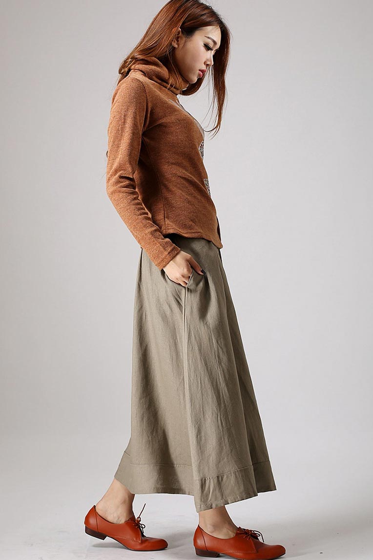 Khaki skirt woman Maxi linen skirt with button detail front 0857#
