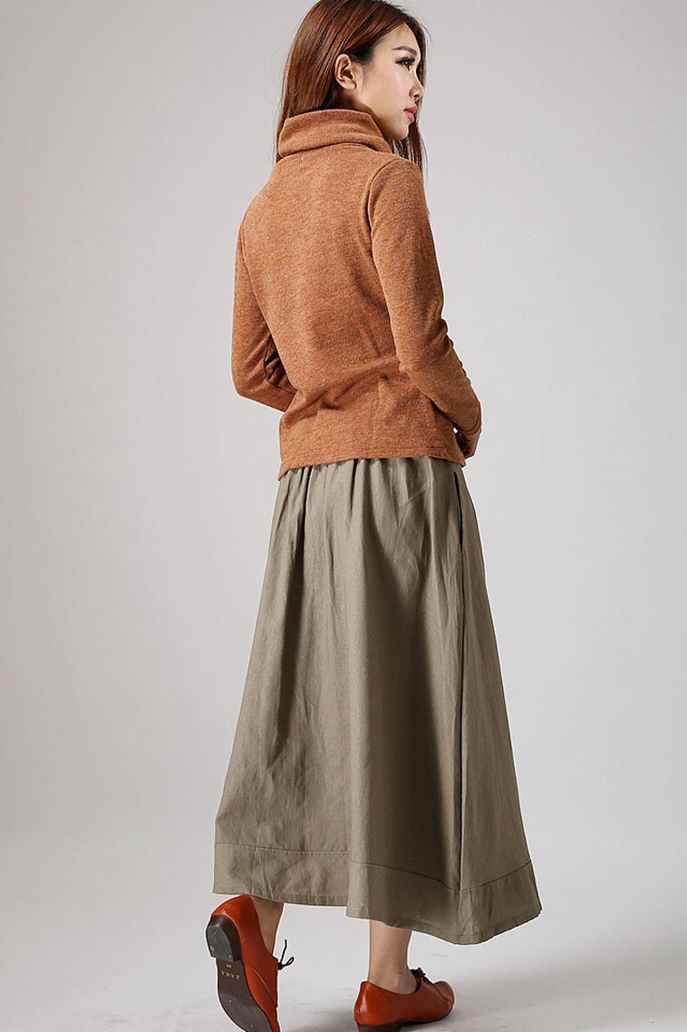 Khaki skirt woman Maxi linen skirt with button detail front 0857#