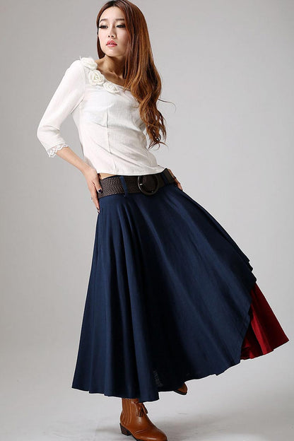 Navy Linen Layered Maxi Skirt - Pleated, Side Zip, Pockets 869