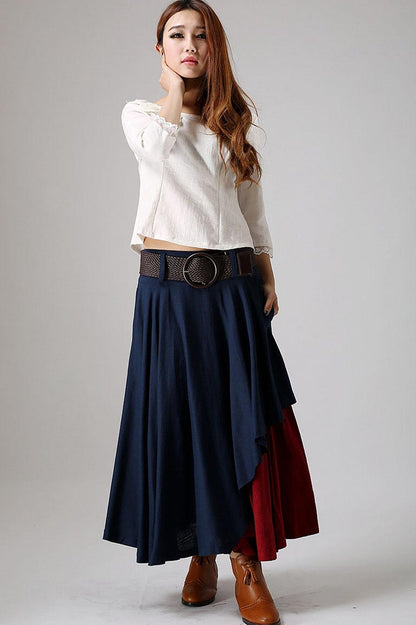 Navy Linen Layered Maxi Skirt - Pleated, Side Zip, Pockets 869