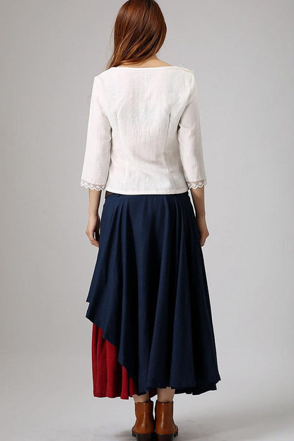Navy Linen Layered Maxi Skirt - Pleated, Side Zip, Pockets 869