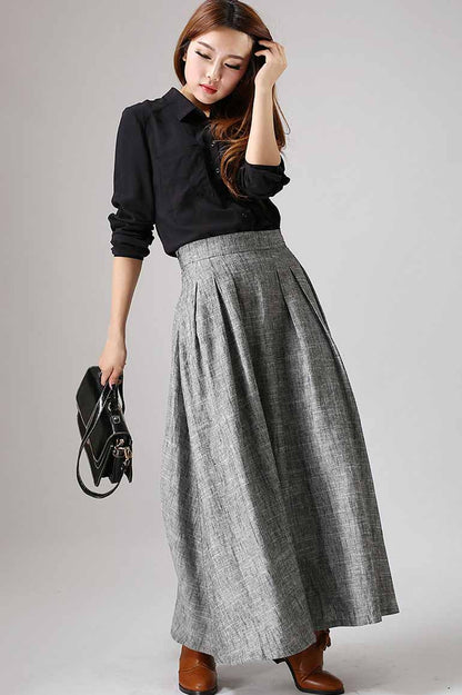 Grey Linen Cotton Maxi Skirt - Pleated A-Line Silhouette 886