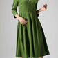 Green linen dress woman knee length dress casual long dress 0891#