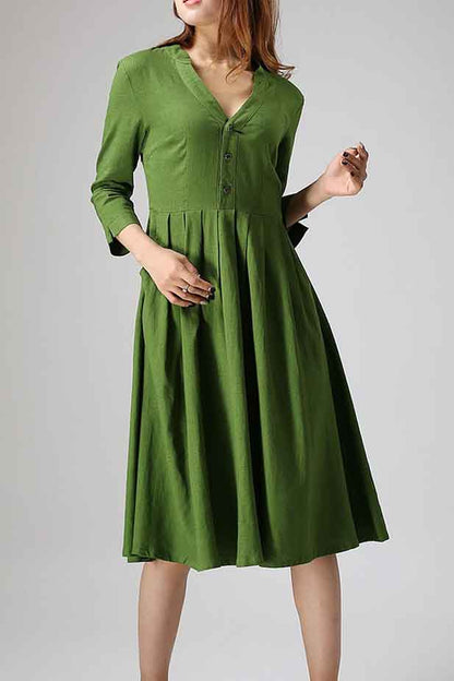 Green Linen Midi Dress - Pleated Waist V-Neck Casual Dress 891