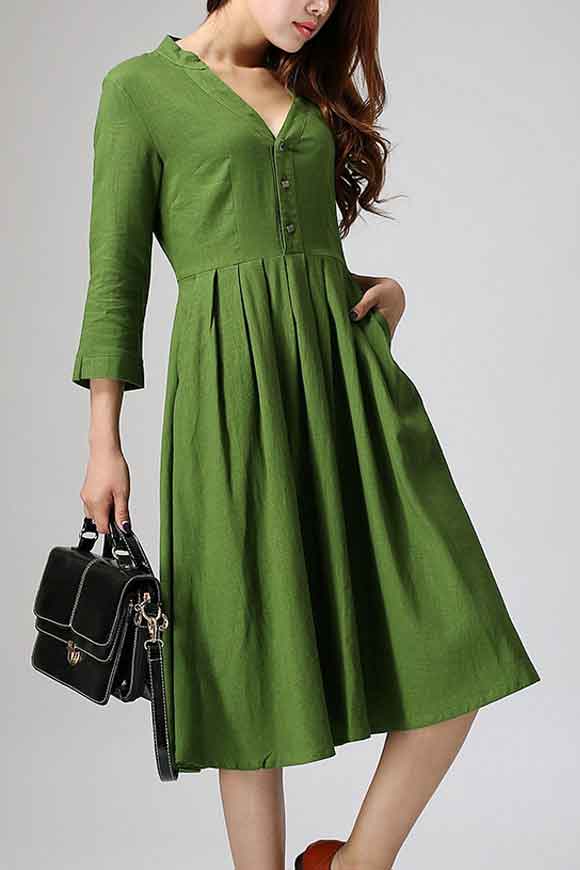 Green linen dress woman knee length dress casual long dress 0891#