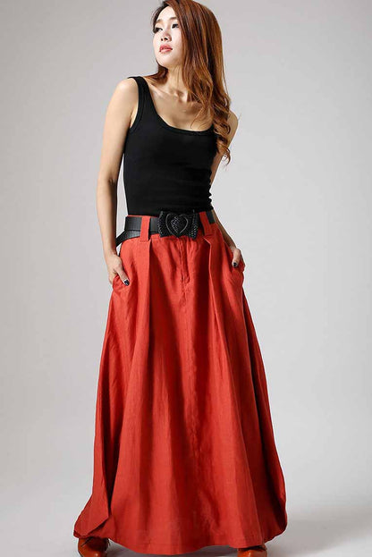 Gray Brown Linen Maxi Skirt – Handmade High Waisted Spring Skirt | Xiaolizi 0905
