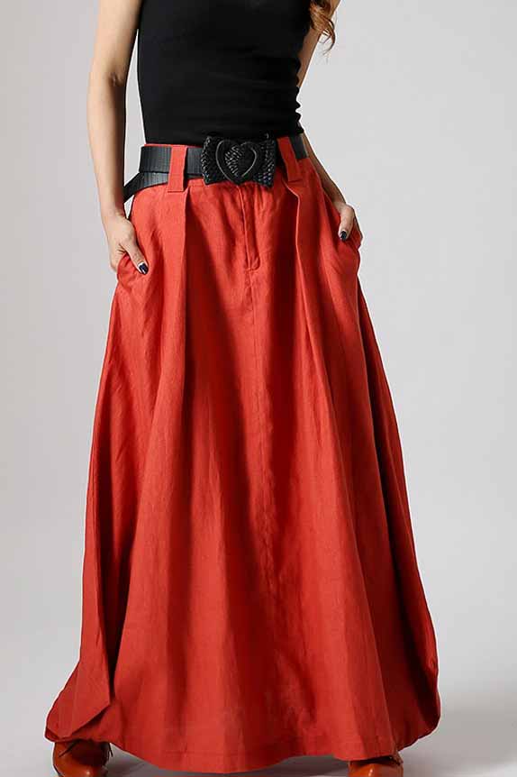 Handmade maxi linen skirt with asymmetrical hem line in orange 0896#