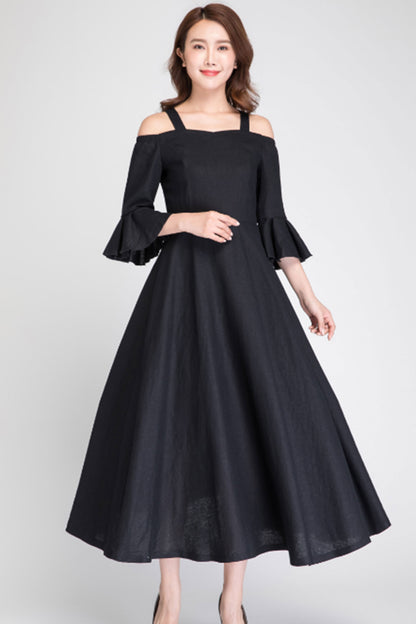 Black Linen Maxi Dress - Off Shoulder with Ruffle Sleeves 1892