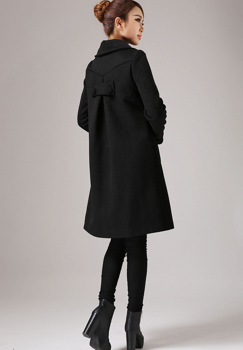 Black Wool Classic Coat with Top Buttoning - A-Line Winter Jacket Simple Style Knee Length 754#