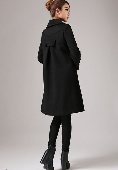 Black Wool Coat – Minimalist Double-Breasted Vintage Winter Overcoat 754