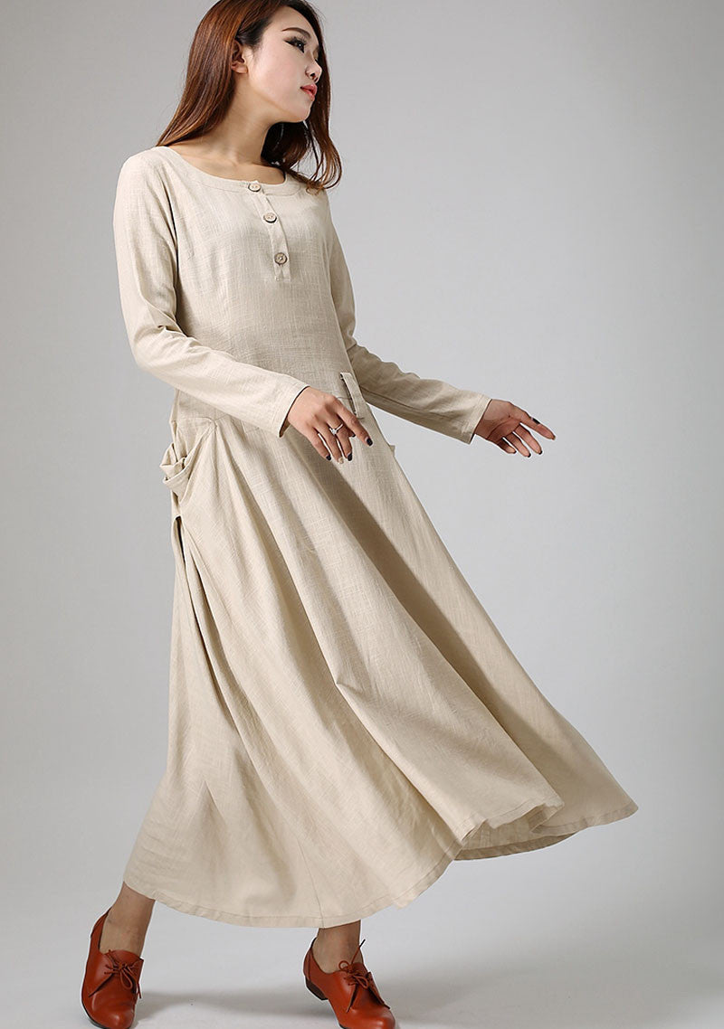 Two large pockets dress cream linen dress maxi dress long dress (889) Xiaolizi Two large pockets dress cream linen dress maxi dress long dress (889) Xiaolizi