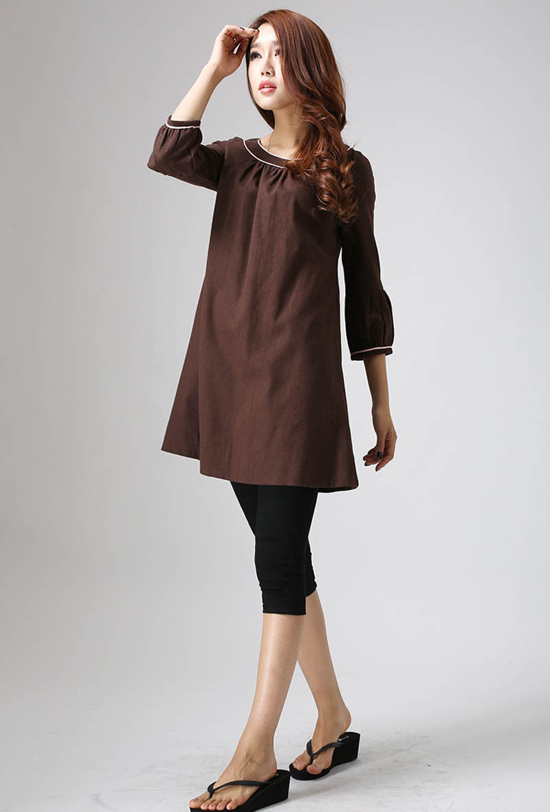 Handmade Brown Linen Tunic Dress 3/4 Sleeve A-Line Mini | Xiaolizi Brown / M Handmade Brown Linen Tunic Dress 3/4 Sleeve A-Line Mini | Xiaolizi Brown / M