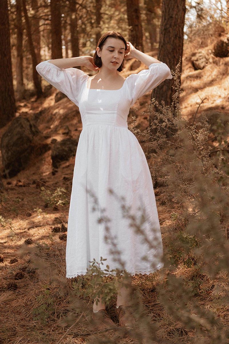 White Linen Midi Dress - Vintage Fit and Flare with Scoop Neck 2740