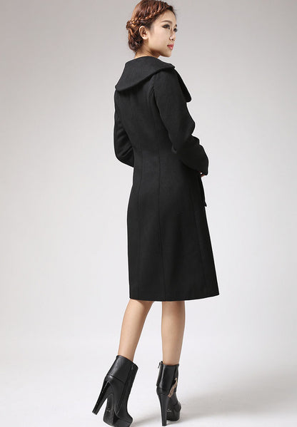 Handmade Black Wool Coat – Vintage Midi Winter Overcoat with Pockets | Xiaolizi 712