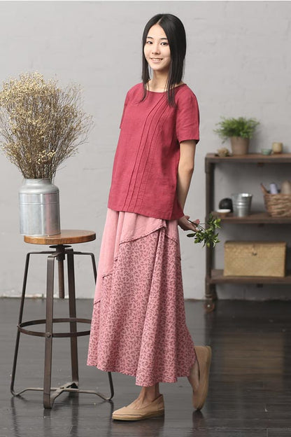 Cotton Linen Short Sleeve Top - Retro Round Neck Loose Fit CYM311