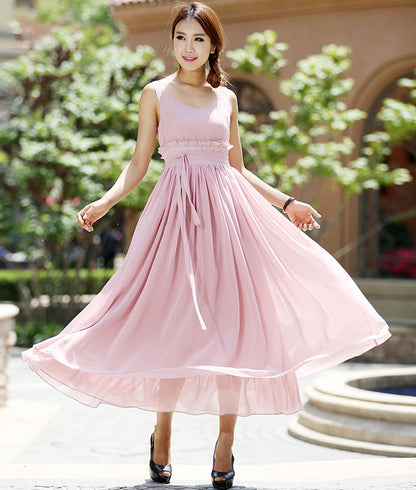Pink Chiffon Maxi Dress - Sleeveless, Round Neck, Elegant Waist Detail 1008