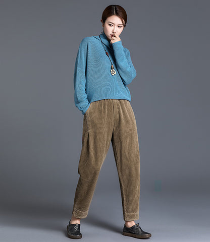 Brown Cotton Corduroy Wide Leg Pants - Elastic Waist, Ankle Length 2603
