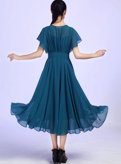 Blue Chiffon Maxi Dress - A-Line Short Sleeve Prom | Xiaolizi 613