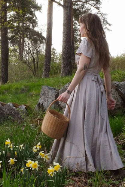 Beige Linen-Cotton Maxi Dress - Empire Waist, Petal Sleeve 3719