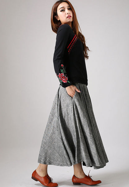 Gray Linen Maxi Skirt - Layered Pleated A-Line with Hip Pockets 868