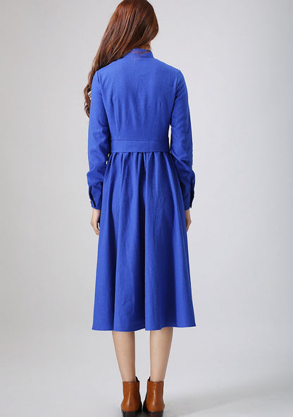 Blue Linen Midi Dress - Pleated Front, Long Sleeve 798