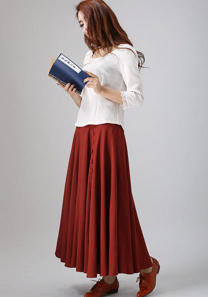 Red Linen Cotton Midi Skirt - 50s Swing Circle with Button Detail 781