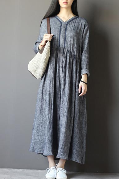 Set head v neck loose commuter dress with long sleeve  CYM330