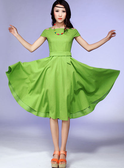 Green Linen Dress - Cold Shoulder Cap Sleeve Flared Skirt 541