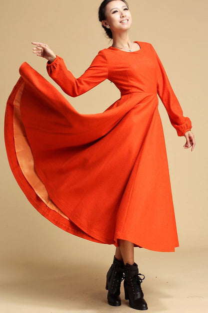 Wool Maxi Dress – Vintage Long Sleeve Dress for Women | Xiaolizi 323