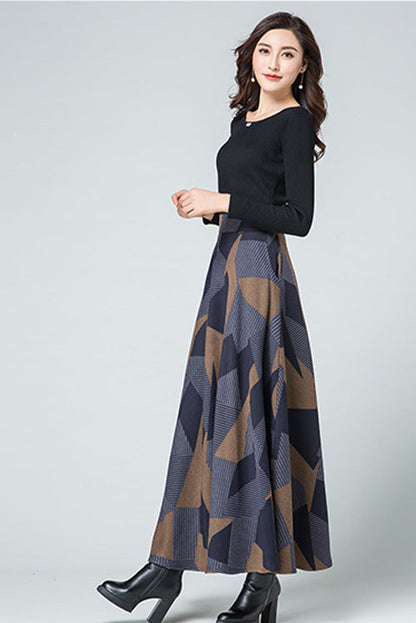 Plaid Wool Maxi Skirt - Elastic Waist, Ankle Length 2711