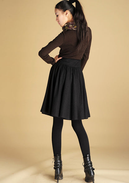 Black Wool Blend Pleated Midi Skirt - Full Circle, Wide Waistband 442