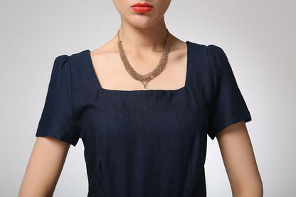 Navy Linen Blend Midi Dress - Pleated Waist, Square Neckline 1261