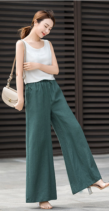 Linen Cotton Wide Leg Palazzo Pants - Elastic Waist Pockets | Xiaolizi 2526