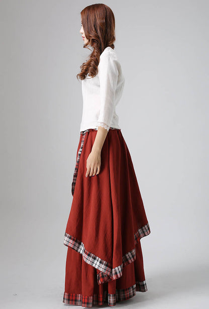 Red Linen Blend Maxi Skirt - Elastic Waist, Plaid Trim 818