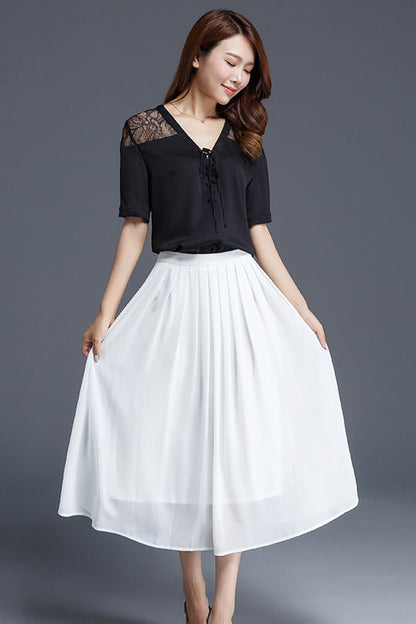 White Chiffon Midi Circle Skirt - Soft Pleated Swing 2901