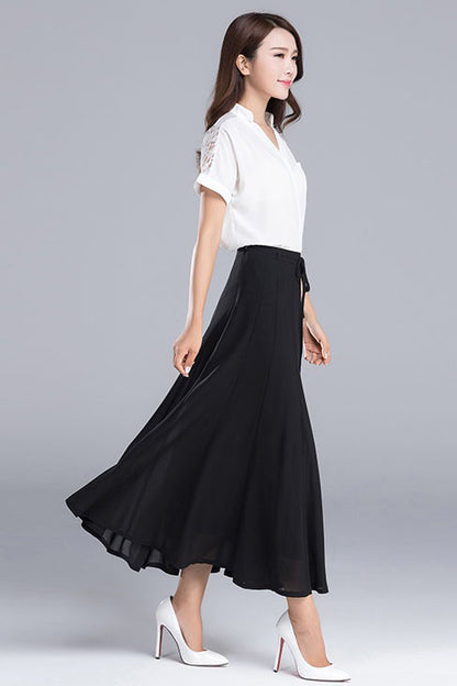 White Summer Midi A Line Pleated Chiffon Skirt 2900