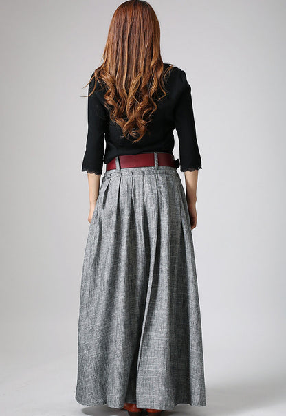 Handmade Gray Linen Maxi Skirt – High Waist Pleated with Pockets 0911