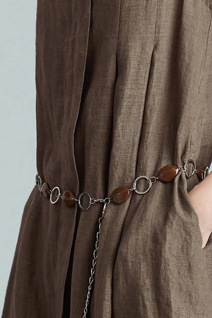 Brown Linen Mid Calf Dress - Loose Fit Sleeveless Commuter Waist CY06