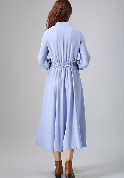Blue Linen Dress - 3/4 Sleeve Elastic Waist Casual Maxi 796