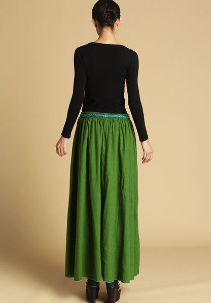 Green Linen Maxi Skirt - Elastic Waist, Flowy Silhouette 464