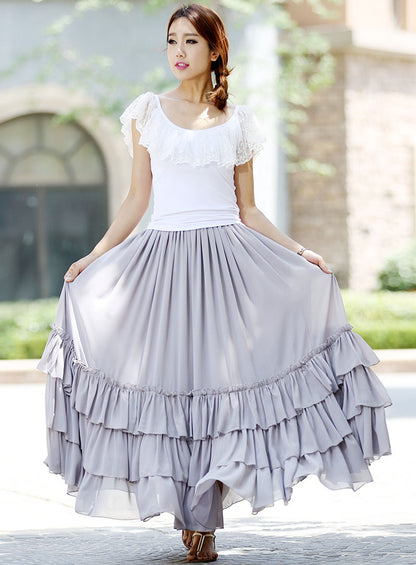 Elegant Gray Chiffon Maxi Skirt – Handmade Wedding & Party Skirt | Xiaolizi 1020