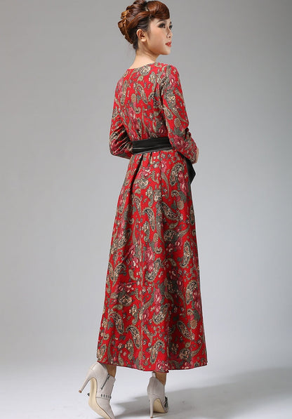Red Linen Maxi Dress - A-Line Silhouette with Ethnic Print 693
