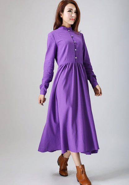 Purple Linen Maxi Dress - Long Sleeve, Button-Front Elegance 799