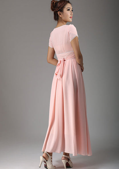 Pink Chiffon Maxi Dress - Flowy Swing, V-Neckline 638
