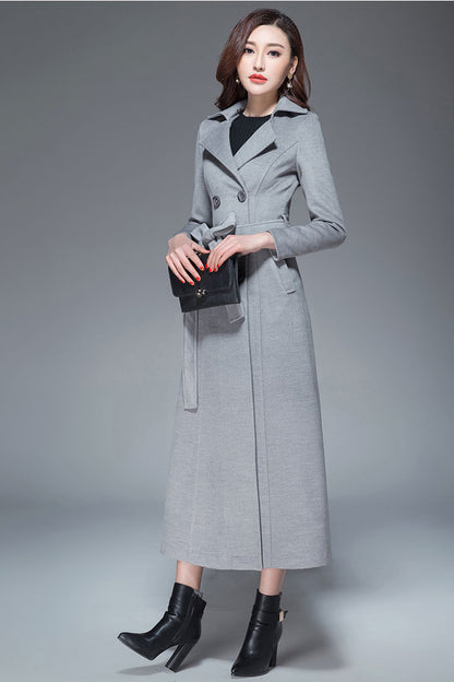 Handmade Light Gray Wool Coat – Elegant Double-Breasted Belted Long Overcoat | Xiaolizi 3985