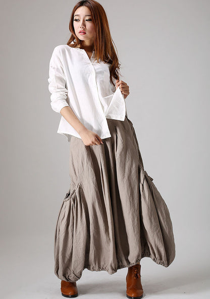 Grey Linen Maxi Skirt - Pleated with Side Pockets 866